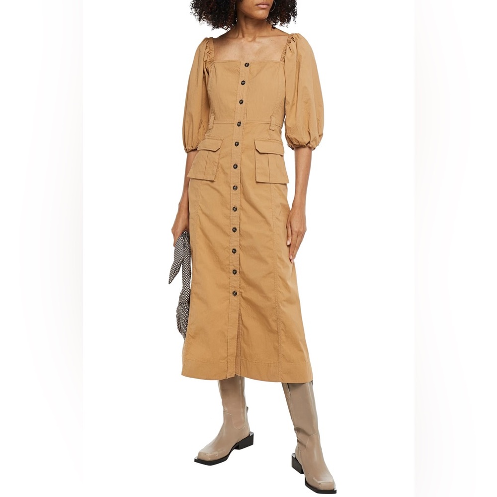 GANNI Ripstop Cotton Chino Puff Sleeve Dress